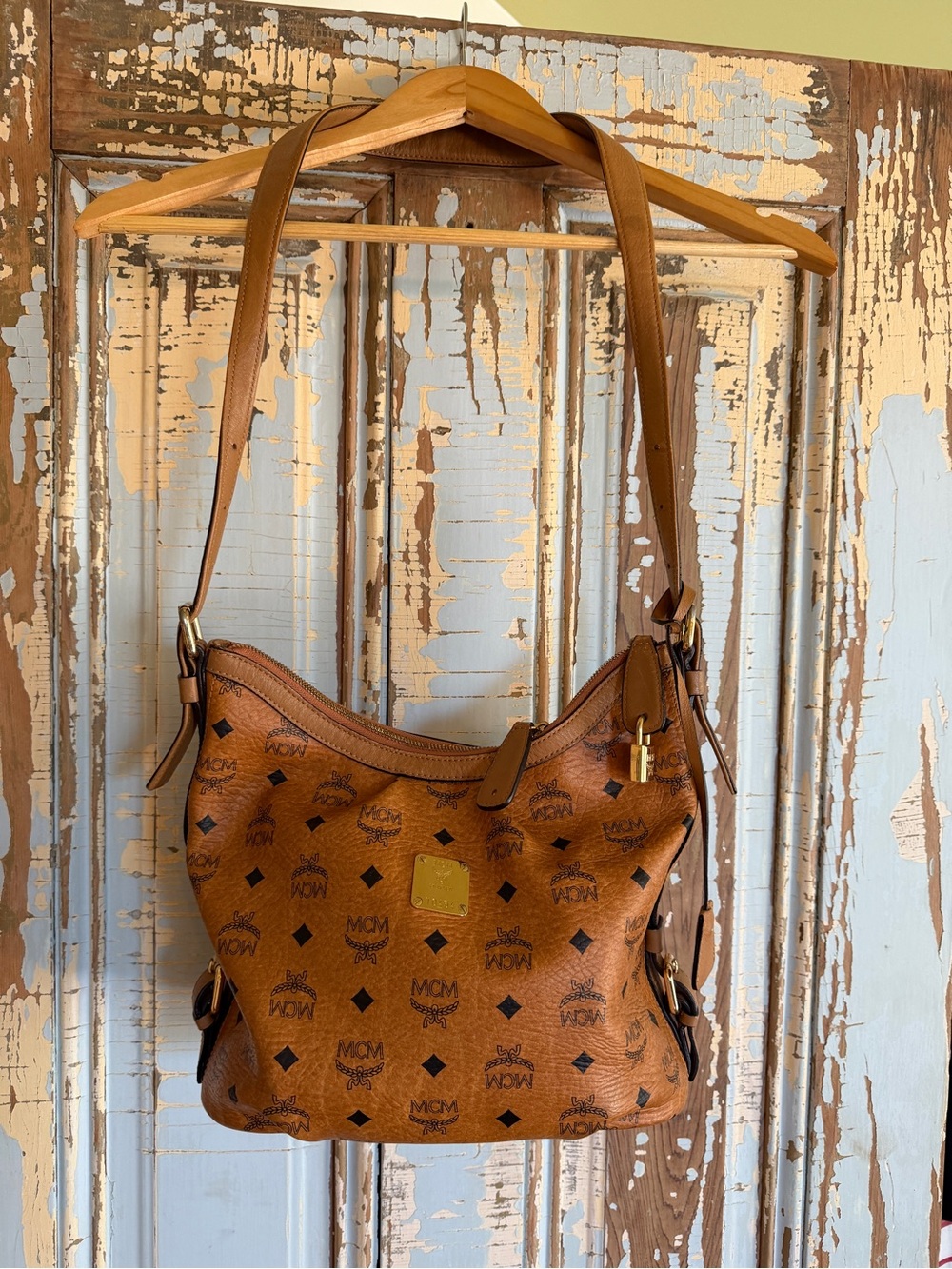 Authentic MCM Cognac Visetos Logo Hobo Shoulder Bag